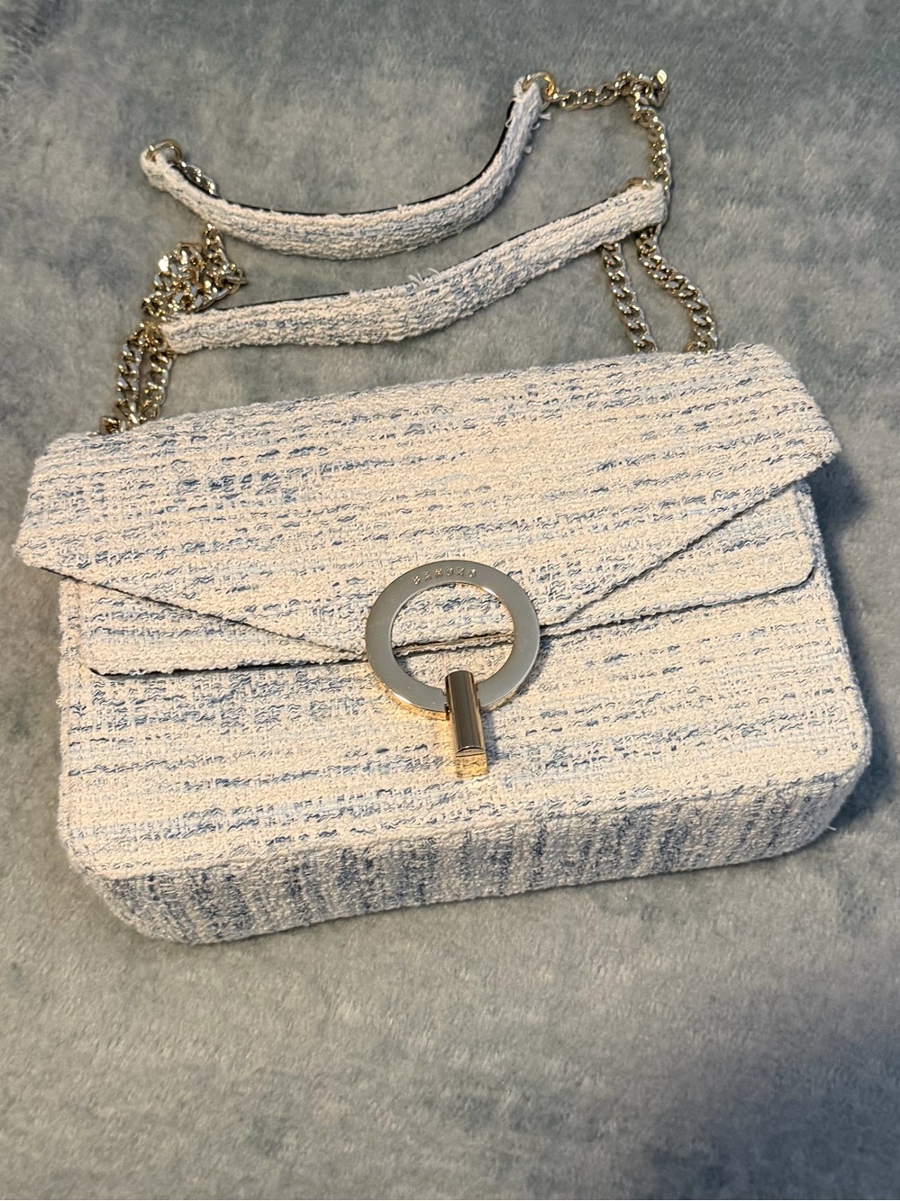 Sandro Tweed Blue/Cream Crossbody Bag with Gold Hardware